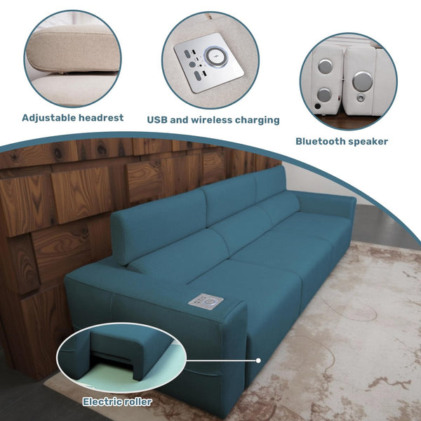 English Elm Power Reclining Sofa with Bluetooth Speakers Wireless Charging and Smart Home Theater Seating Blue W3795S00009