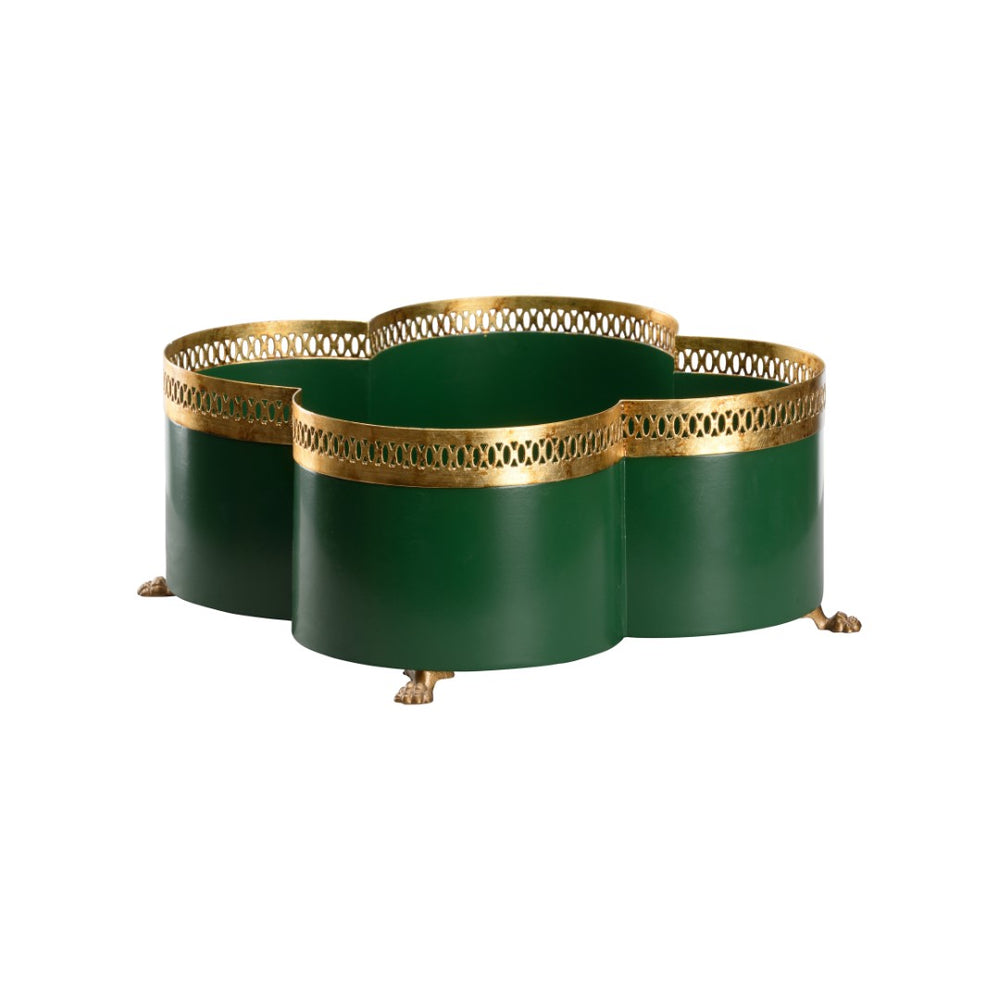 Chelsea House Tracery Cachepot Green With Antique Gold Filigree & Claw Feet — Quatrefoil Planter For Orchids 370215