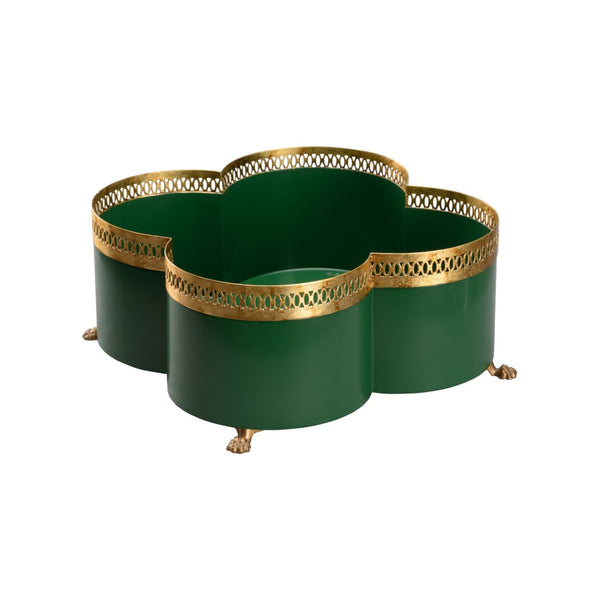 Chelsea House Tracery Cachepot Green With Antique Gold Filigree & Claw Feet — Quatrefoil Planter For Orchids 370215