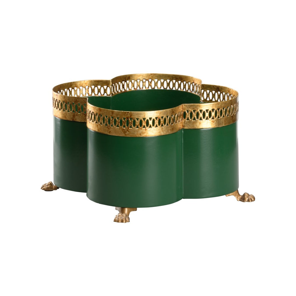 Chelsea House Tracery Petite Green Cachepot With Antique Gold Filigree & Claw Feet — Elegant Orchid Planter Decor 370216