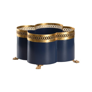 Chelsea House Tracery Navy Blue Cachepot Small — Quatrefoil Antique Gold Filigree, Claw Feet, Orchid Perfect 370218