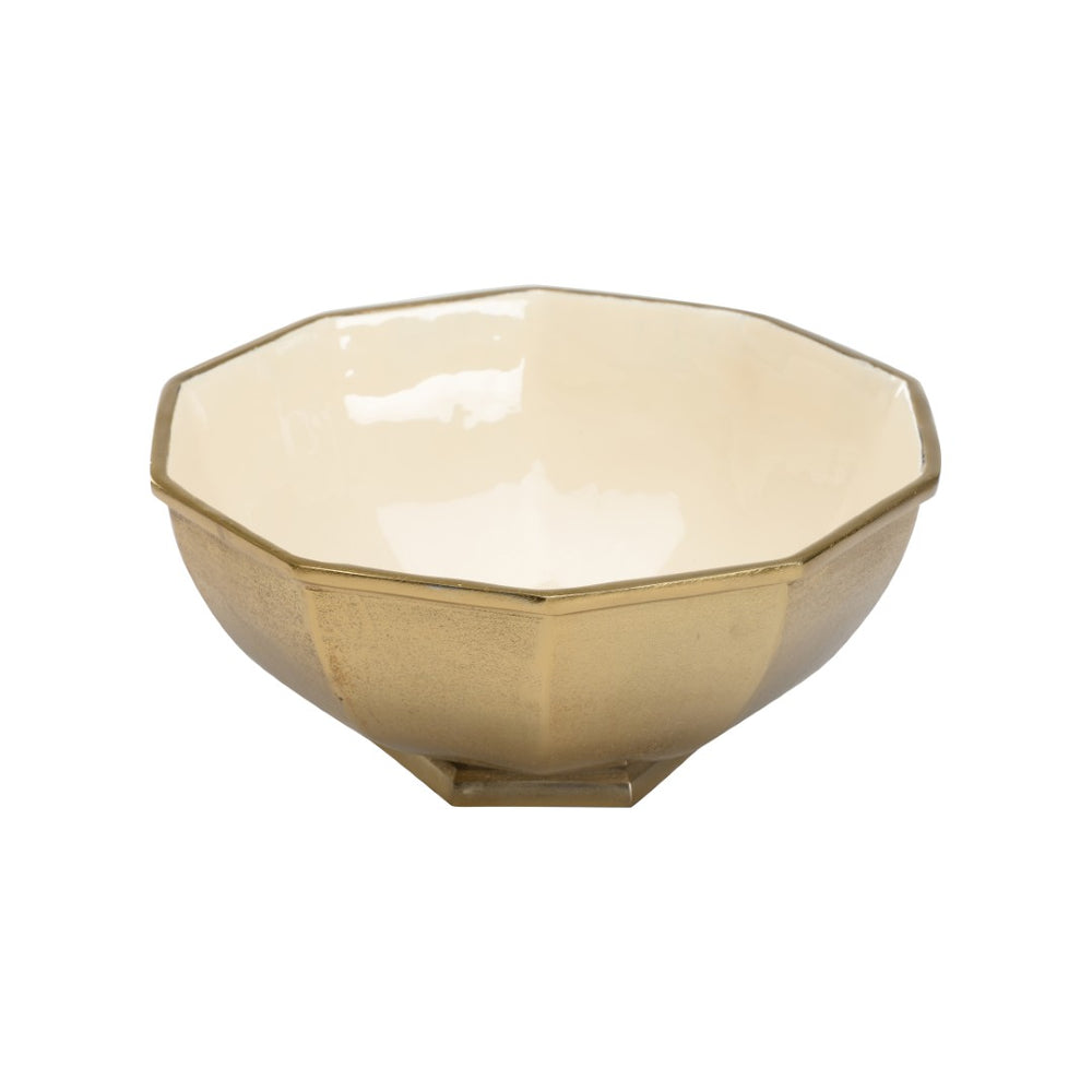 Chelsea House Cream Enameled Bowl With Gold Textured Brass Finish, 14" Decorative Accent For Modern & Classic Decor 370226