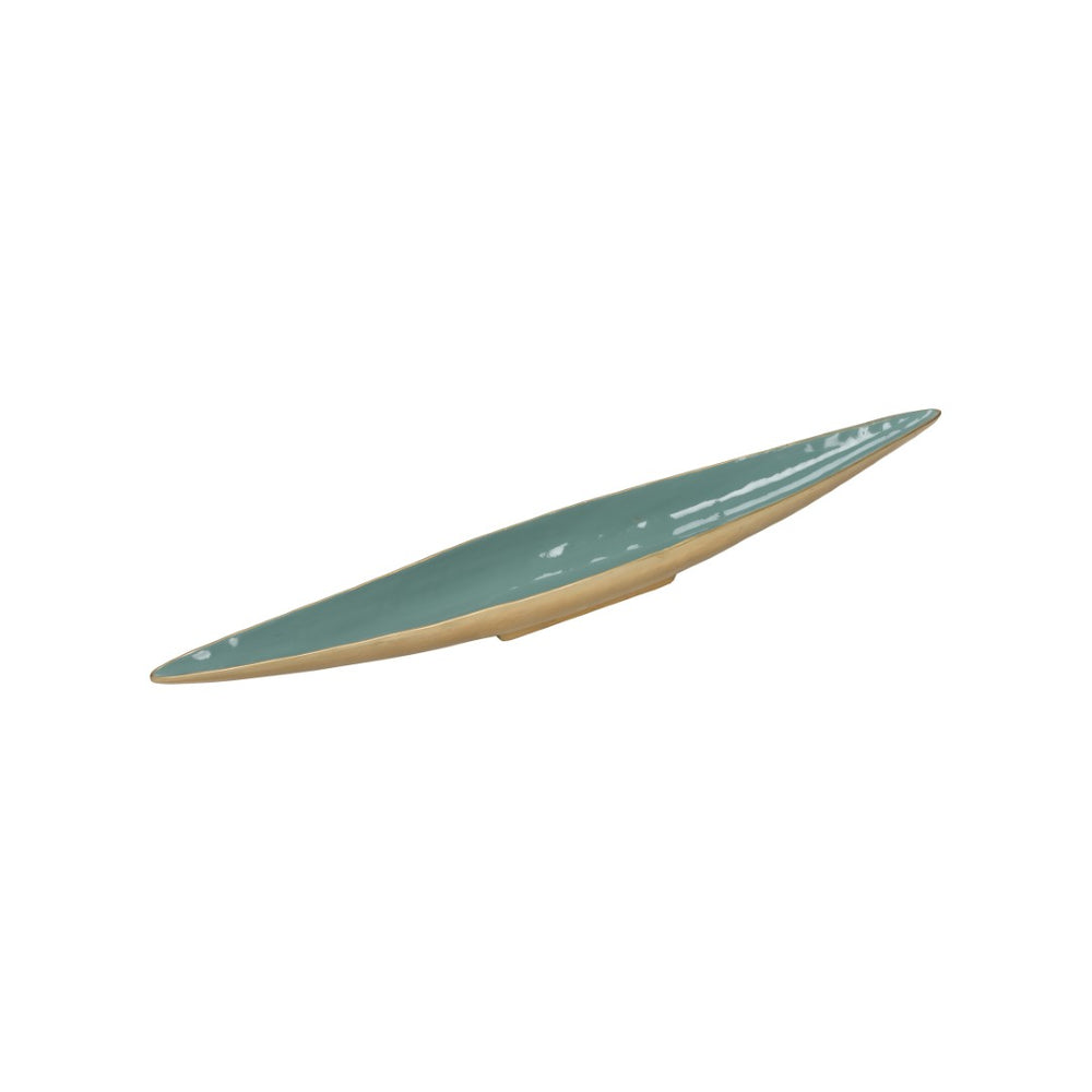 Chelsea House Elongated Sculptural Green Enameled Bowl With Gold Brass Exterior — Dramatic Centerpiece For Mantels & Tables 370228