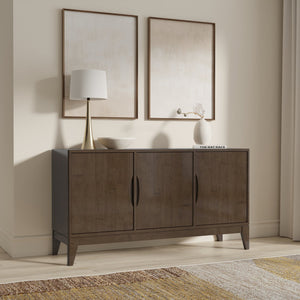 English Elm Harper Walnut Brown 3-Door Sideboard Buffet – Solid Rubberwood, Mid-Century Tapered Legs, Storage B136P235248