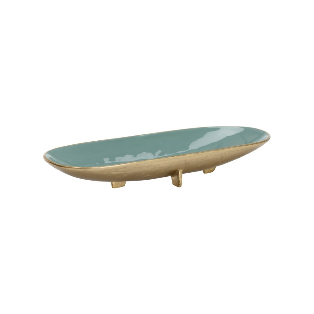 Chelsea House Footed Enameled Bowl With Green Interior And Textured Brass Exterior — Sculptural Accent For Mantels 370237