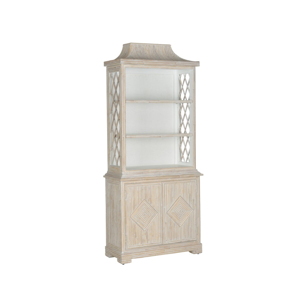 Chelsea House Lyford Chinoiserie Bookcase — Whitewashed Bamboo Finish, Adjustable Shelves, Coastal Airy Display Piece 370247