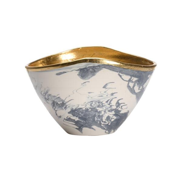 Chelsea House Grigio Handmade Small Bowl — Italian Marbled Slate-Blue Glaze With Real Gold Leaf, Chic Tabletop Catchall 370248