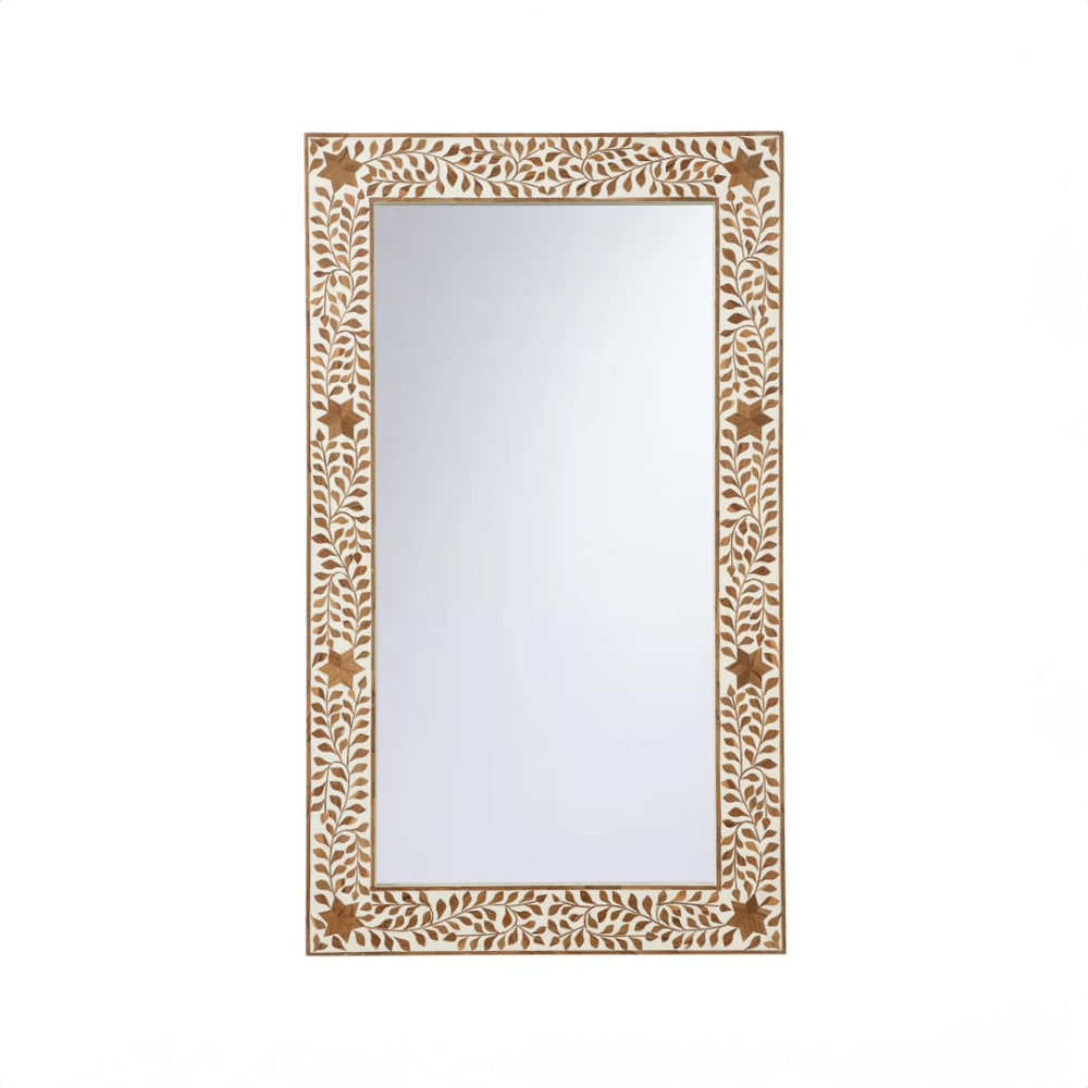 Chelsea House Zara Mirror — Handcrafted Wood Inlay Floral Wall Mirror, Natural Wood & White Accents, 48"X28" 370256