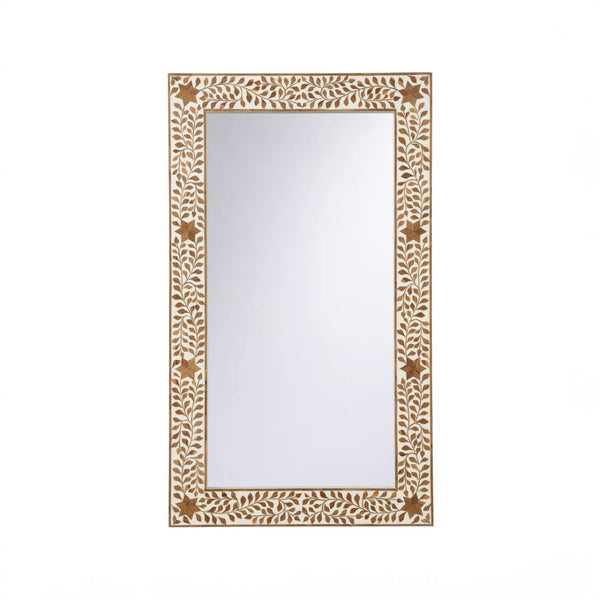 Chelsea House Zara Mirror — Handcrafted Wood Inlay Floral Wall Mirror, Natural Wood & White Accents, 48"X28" 370256