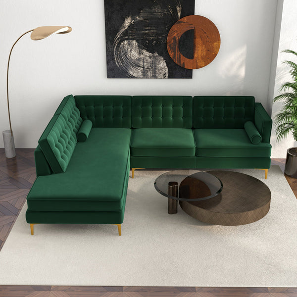 English Elm Ashcroft Furniture - Brooke Green Velvet Left-Facing Sectional Sofa - Stylish, Compact, Comfortable For Living Spaces B183S00014