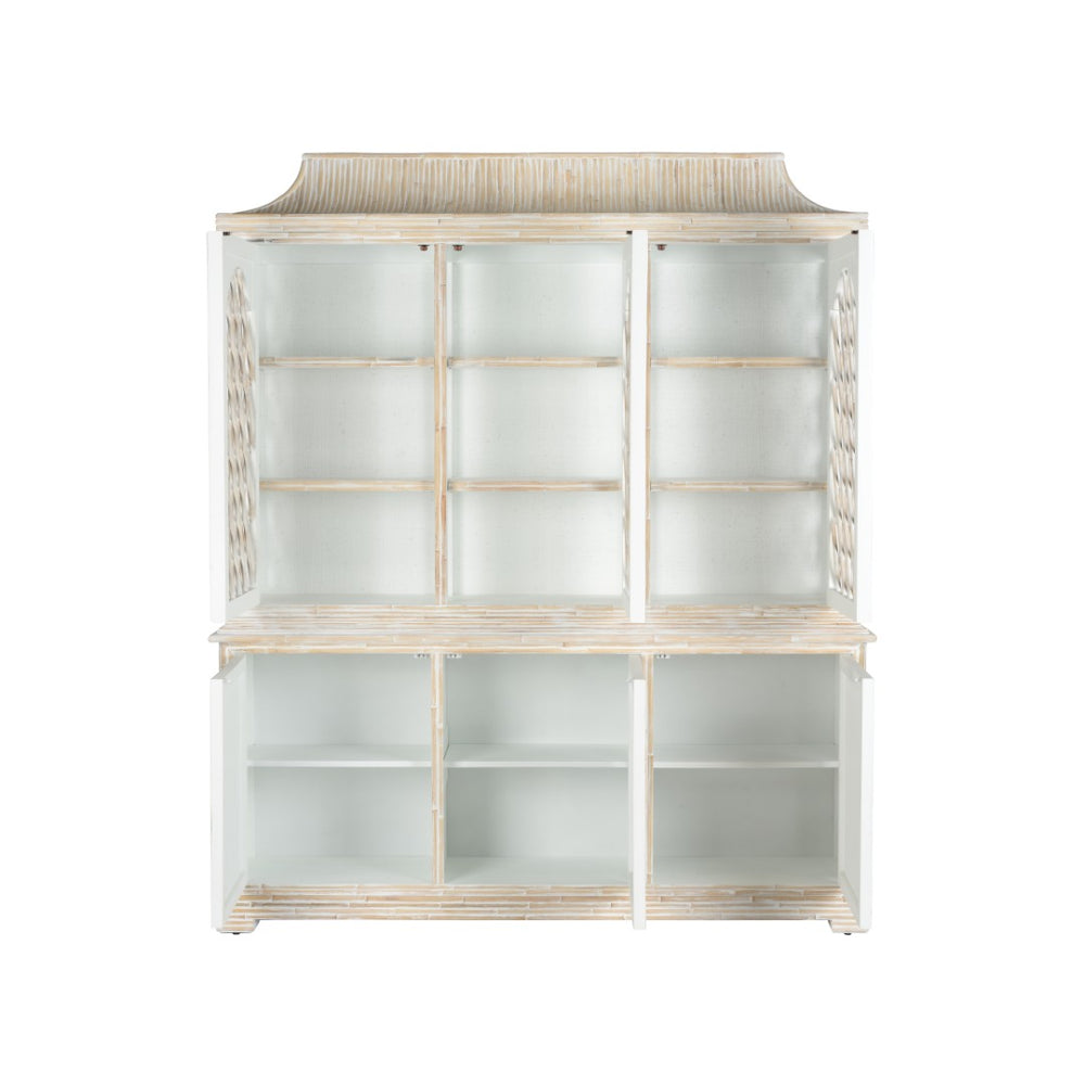 Chelsea House Lyford Whitewashed Bamboo Breakfront With Chinoiserie Interior, Fretwork & Adjustable Shelves 370265