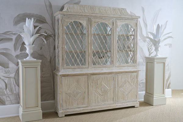 Chelsea House Lyford Whitewashed Bamboo Breakfront With Chinoiserie Interior, Fretwork & Adjustable Shelves 370265