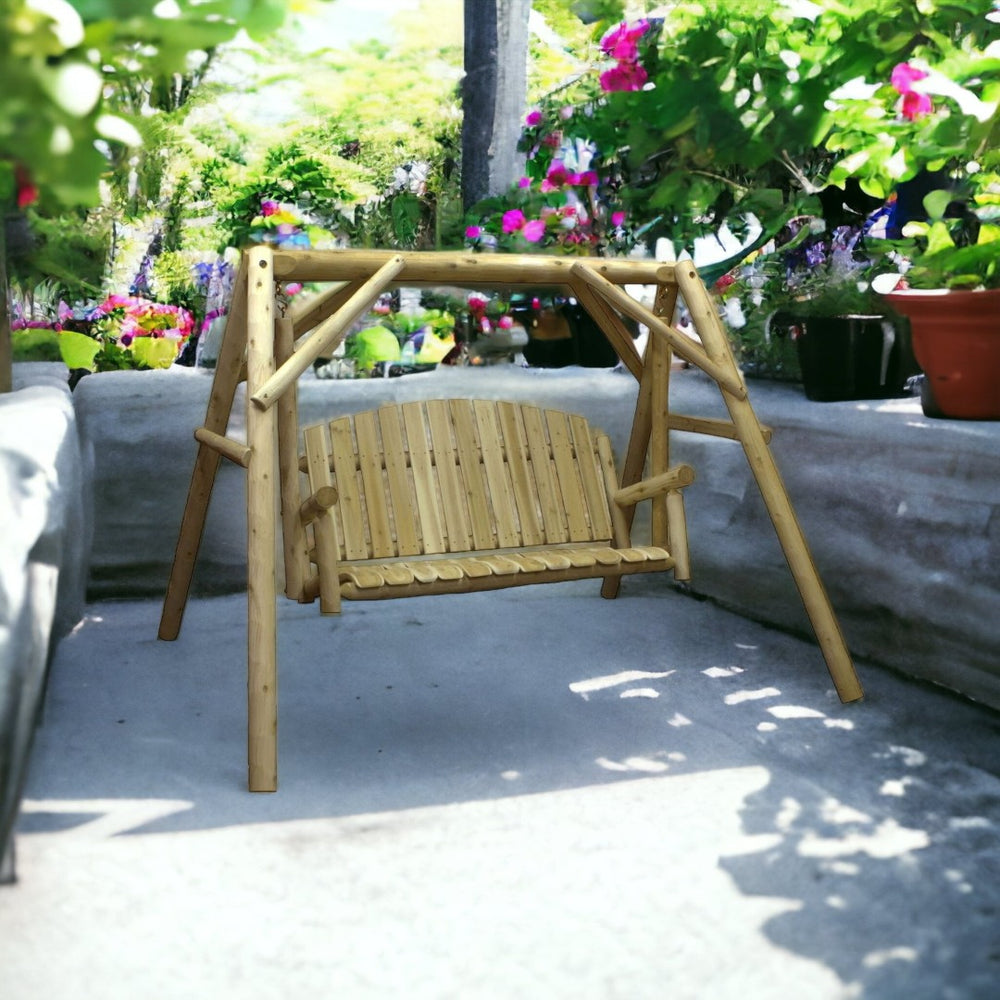 HomeRoots 87" Natural Solid Wood Swing Chair - Handcrafted Rustic Comfort for Patios, Porches, and Gardens 370273
