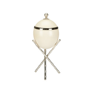 Chelsea House The Tripod Lacquered Ostrich Eggshell Box On Silver-Plated Bamboo Pedestal — Sculptural Decorative Keepsake 370279