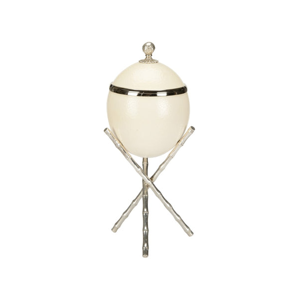 Chelsea House The Tripod Lacquered Ostrich Eggshell Box On Silver-Plated Bamboo Pedestal — Sculptural Decorative Keepsake 370279
