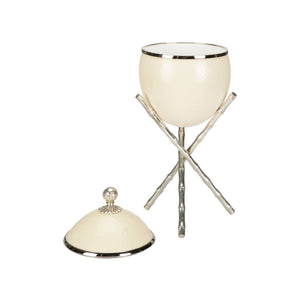 Chelsea House The Tripod Lacquered Ostrich Eggshell Box On Silver-Plated Bamboo Pedestal — Sculptural Decorative Keepsake 370279