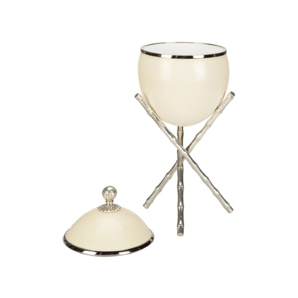 Chelsea House The Tripod Lacquered Ostrich Eggshell Box On Silver-Plated Bamboo Pedestal — Sculptural Decorative Keepsake 370279