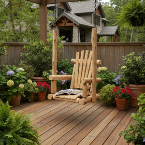HomeRoots 31" Natural Unfinished Solid Wood Outdoor Swing Chair - Customizable Rustic Comfort for Patios 370294