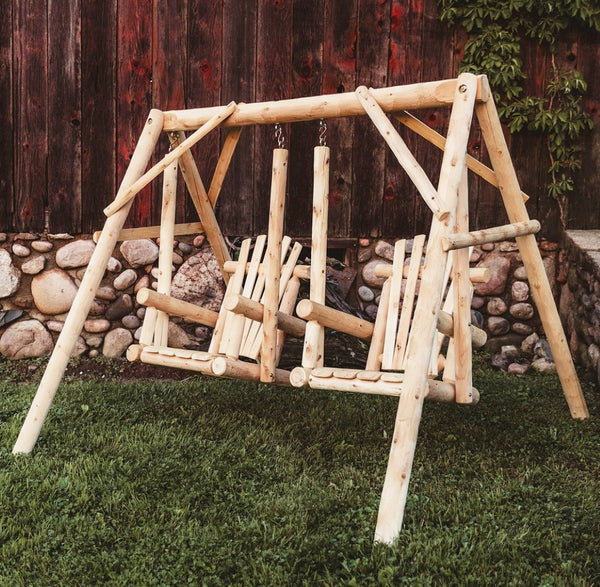 HomeRoots 87" Natural Solid Wood Outdoor Double Swing Chair - Rustic Comfort for Patios, Porches & Backyards 370295