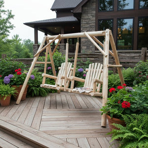 HomeRoots 87" Natural Solid Wood Outdoor Double Swing Chair - Rustic Comfort for Patios, Porches & Backyards 370295
