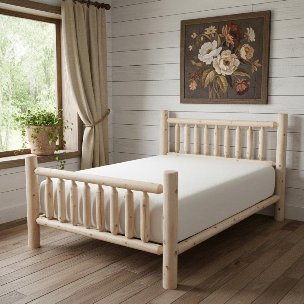 HomeRoots Natural Rustic Low Post Twin Bed in Northern White Cedar - Cozy Cabin Style with Clear Finish 370297