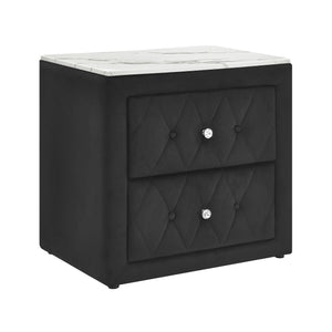 English Elm 1pc Velvet Tufted Nightstand with Faux Marble Top, Crystal Knobs and Two Spacious Drawers, Chic Bedroom Accent Black 28.03 L x 20.28 W x 27.17 H B2741P321092