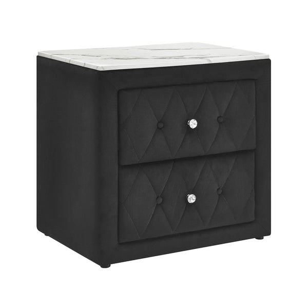 English Elm 1pc Velvet Tufted Nightstand with Faux Marble Top, Crystal Knobs and Two Spacious Drawers, Chic Bedroom Accent Black 28.03 L x 20.28 W x 27.17 H B2741P321092