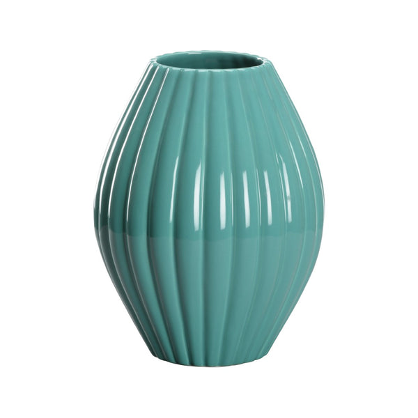 Chelsea House Aubrey Vase — Short Teal Ceramic Sculpture With Scalloped Rim, Fluted Body, High-Gloss Finish By Wicker 370301