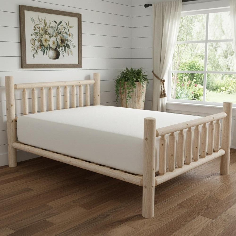 HomeRoots Natural Unfinished Cedar Log Queen Bed - Rustic Low-Post Design for Cozy Cabin-Inspired Rooms 370304