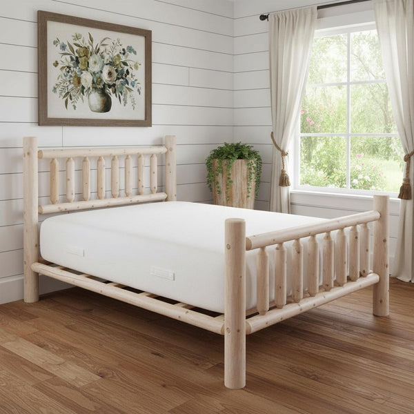 HomeRoots Natural Light Honey Finish Low Post Cedar Log Queen Bed – Rustic Charm for Cozy Bedrooms! 370306