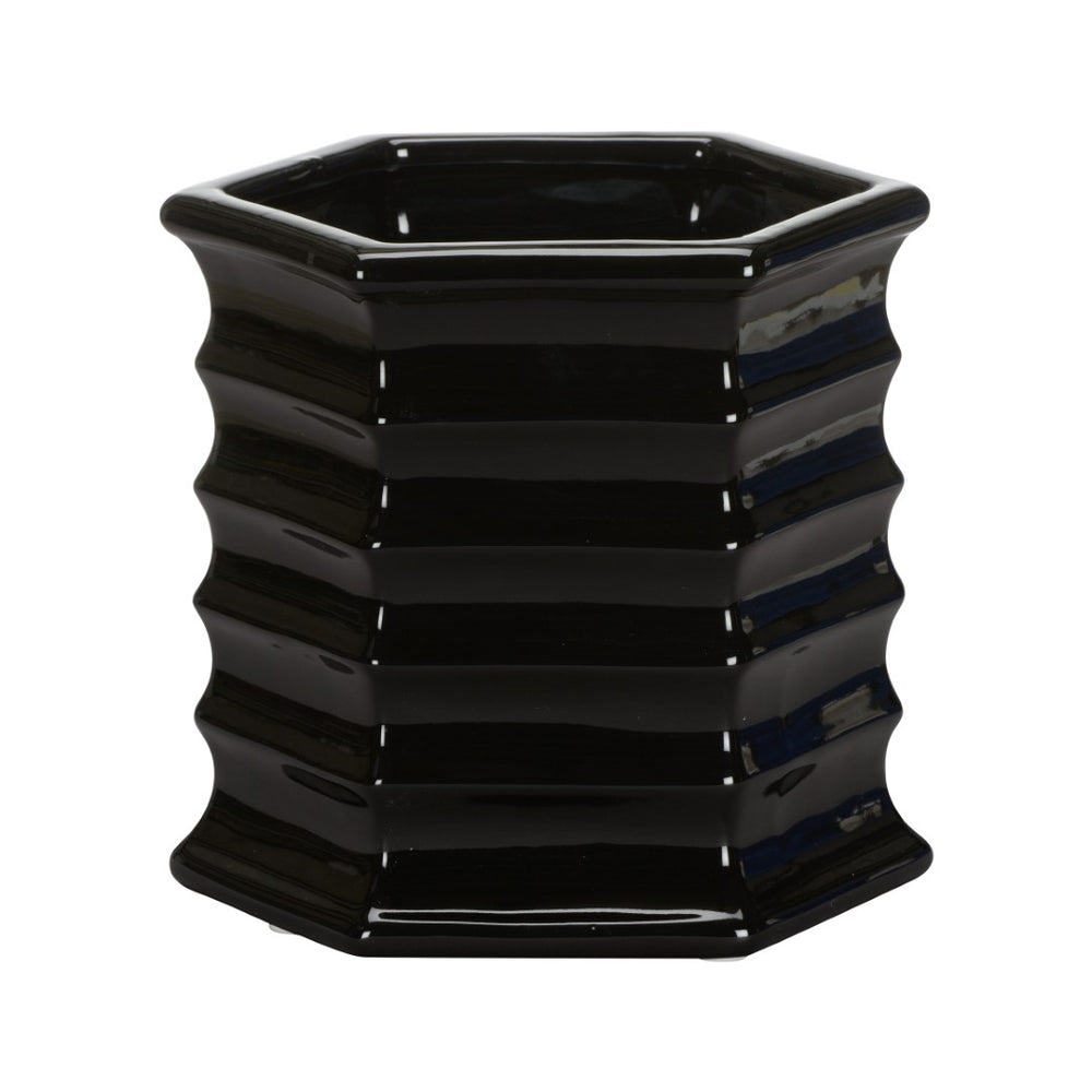 Chelsea House Willow Sculptural Planter By Elizabeth Wicker — Hexagonal Black Ceramic With Scalloped Rim, 7.5" H 370308