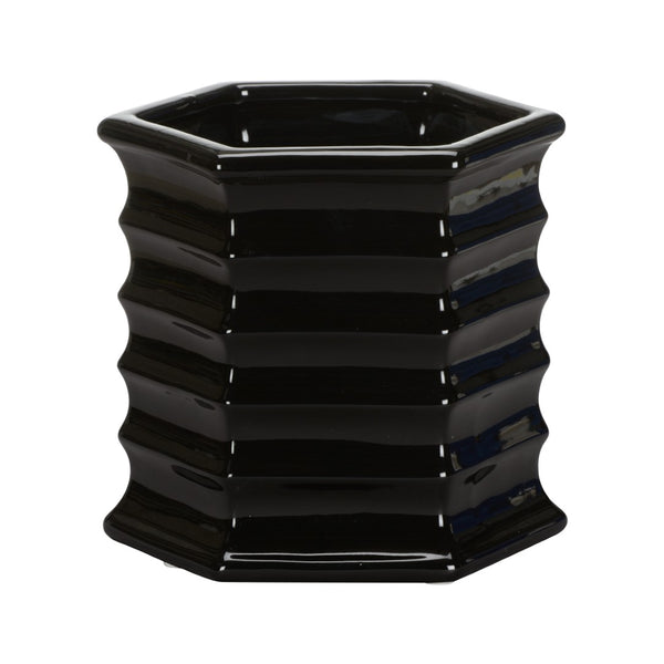 Chelsea House Willow Sculptural Planter By Elizabeth Wicker — Hexagonal Black Ceramic With Scalloped Rim, 7.5" H 370308