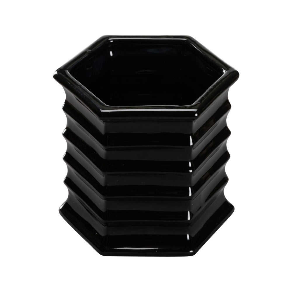 Chelsea House Willow Sculptural Planter By Elizabeth Wicker — Hexagonal Black Ceramic With Scalloped Rim, 7.5" H 370308