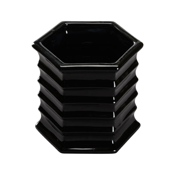 Chelsea House Willow Sculptural Planter By Elizabeth Wicker — Hexagonal Black Ceramic With Scalloped Rim, 7.5" H 370308