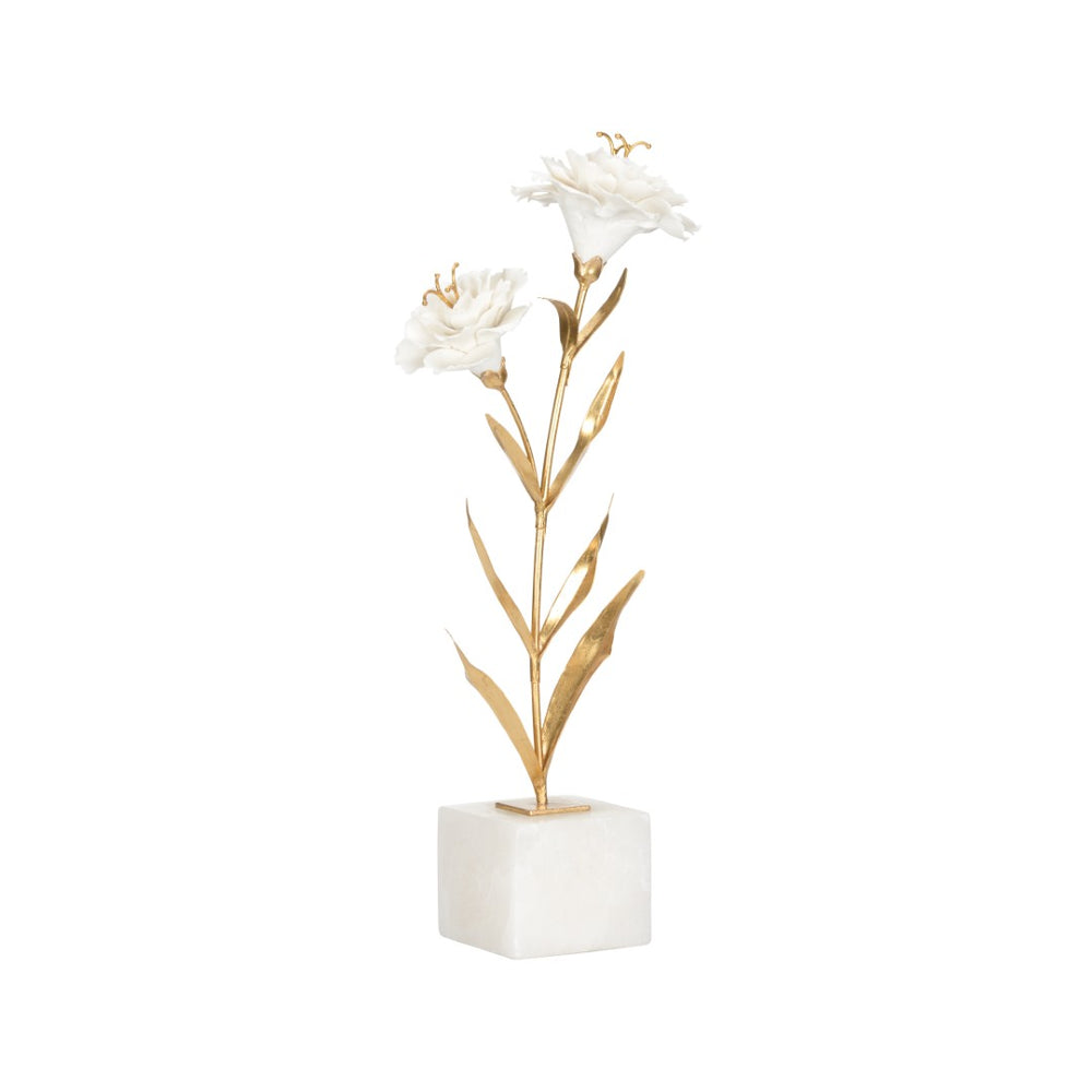 Chelsea House Carnation Porcelain Sculpture On Alabaster Stand — White Blooms, Gold Stem, 18" Accent For Mantel Decor 370314