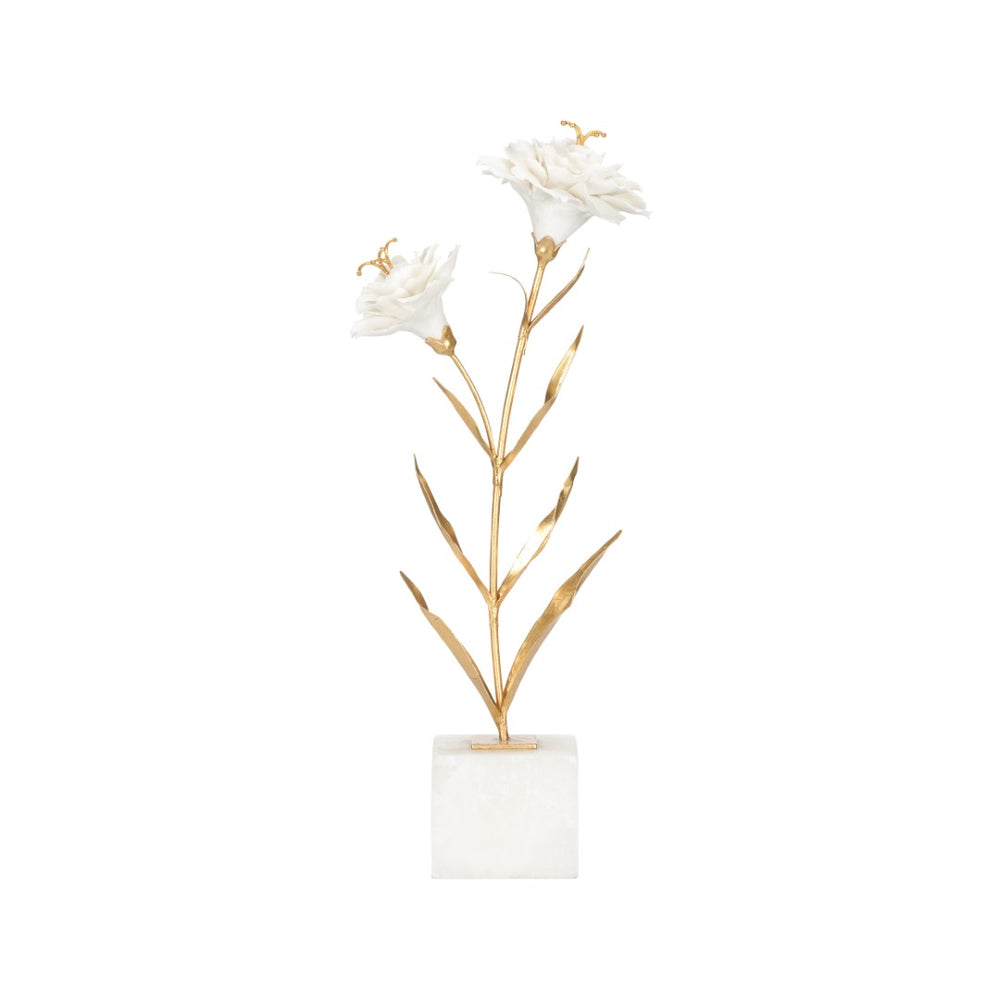 Chelsea House Carnation Porcelain Sculpture On Alabaster Stand — White Blooms, Gold Stem, 18" Accent For Mantel Decor 370314