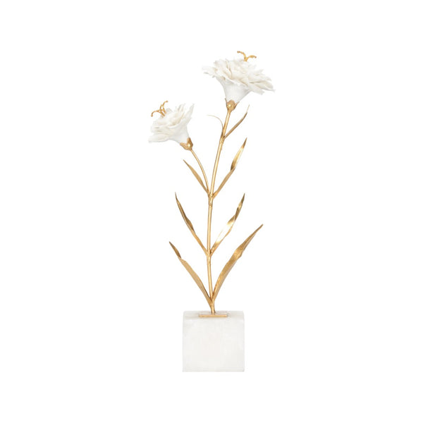 Chelsea House Carnation Porcelain Sculpture On Alabaster Stand — White Blooms, Gold Stem, 18" Accent For Mantel Decor 370314