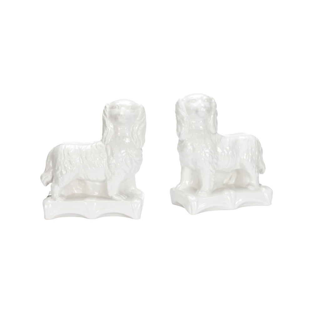 Chelsea House Staffordshire Glossy White Spaniel Pair By Bill Cain — Ceramic Mantel Figurines, 10" Tall, Timeless Decor 370315