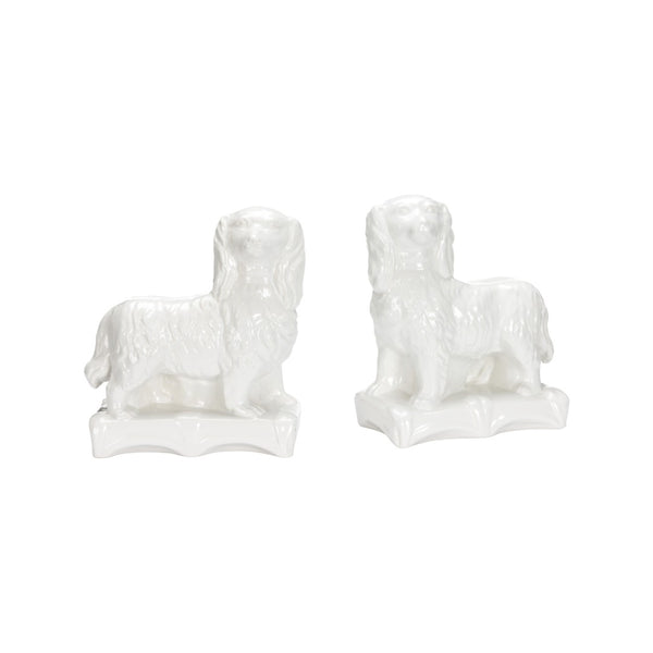 Chelsea House Staffordshire Glossy White Spaniel Pair By Bill Cain — Ceramic Mantel Figurines, 10" Tall, Timeless Decor 370315