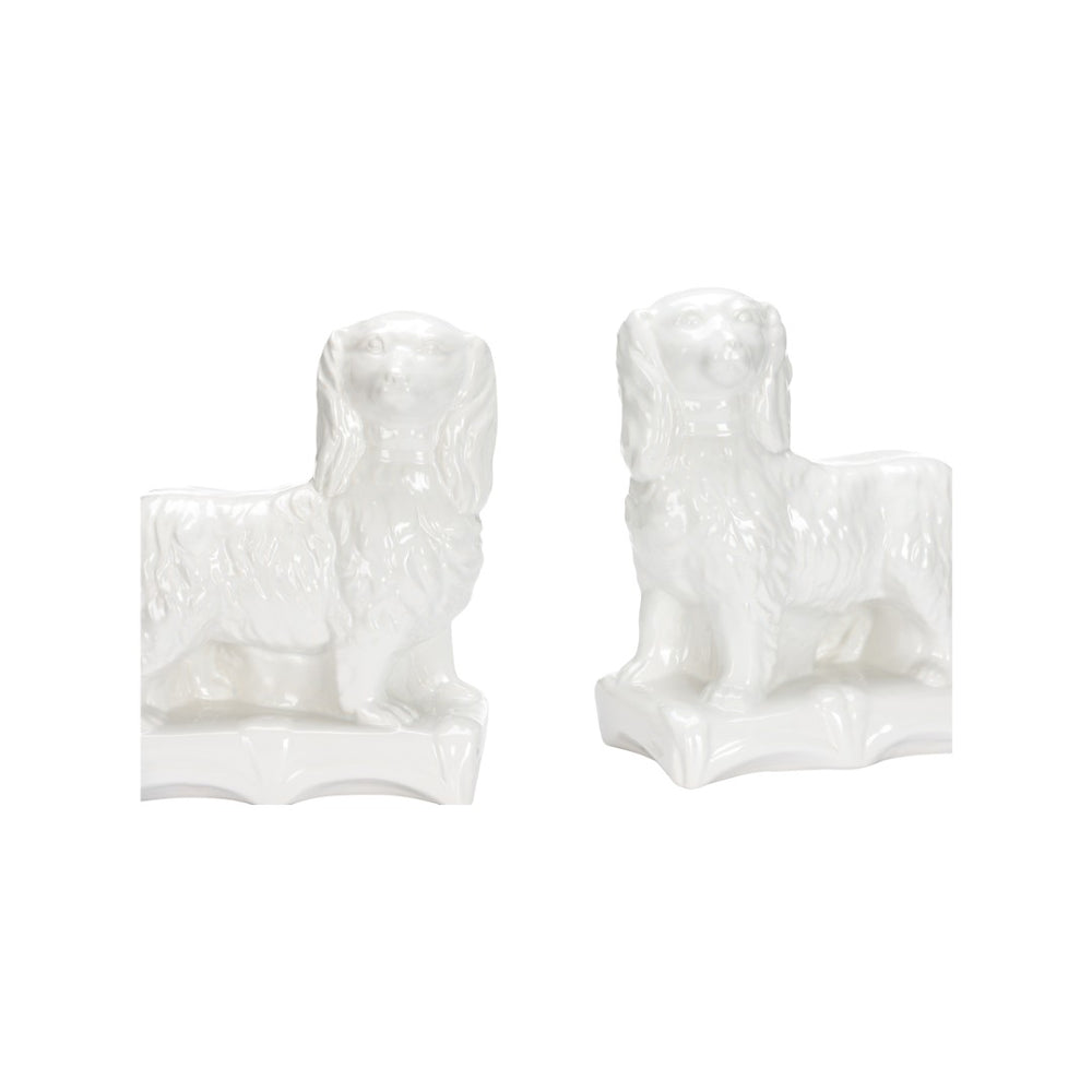 Chelsea House Staffordshire Glossy White Spaniel Pair By Bill Cain — Ceramic Mantel Figurines, 10" Tall, Timeless Decor 370315