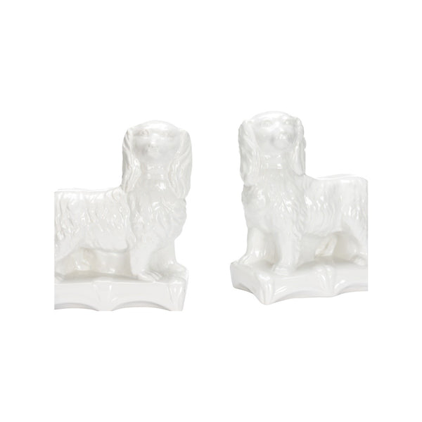 Chelsea House Staffordshire Glossy White Spaniel Pair By Bill Cain — Ceramic Mantel Figurines, 10" Tall, Timeless Decor 370315