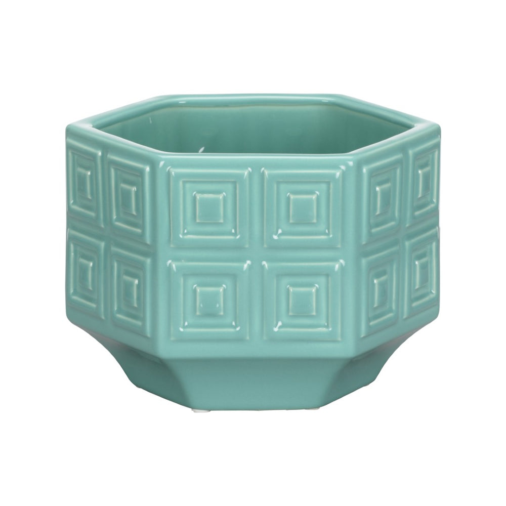 Chelsea House Dover Turquoise Ceramic Cachepot By Elizabeth Wicker — 3D Geometric Glossy Planter For Indoor Decor 370317
