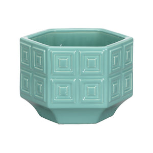 Chelsea House Dover Turquoise Ceramic Cachepot By Elizabeth Wicker — 3D Geometric Glossy Planter For Indoor Decor 370317