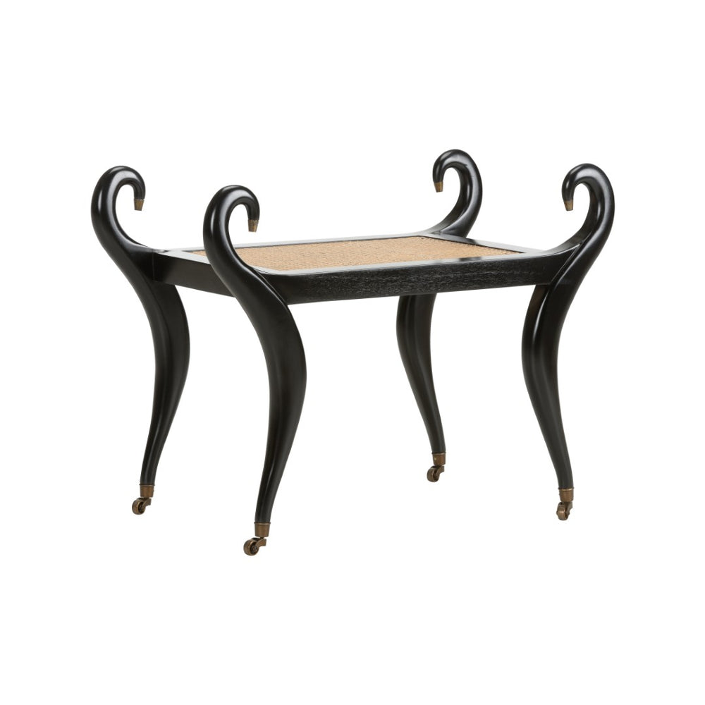 Chelsea House Swan Vanity Bench By Kristi Nelson — Black Frame, Natural Cane Seat, Brass Caps, Sculptural Elegant Seating 370322