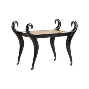 Chelsea House Swan Vanity Bench By Kristi Nelson — Black Frame, Natural Cane Seat, Brass Caps, Sculptural Elegant Seating 370322