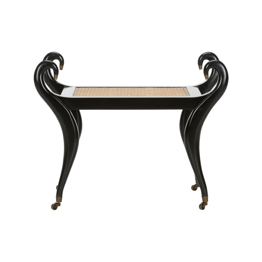 Chelsea House Swan Vanity Bench By Kristi Nelson — Black Frame, Natural Cane Seat, Brass Caps, Sculptural Elegant Seating 370322