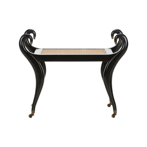 Chelsea House Swan Vanity Bench By Kristi Nelson — Black Frame, Natural Cane Seat, Brass Caps, Sculptural Elegant Seating 370322