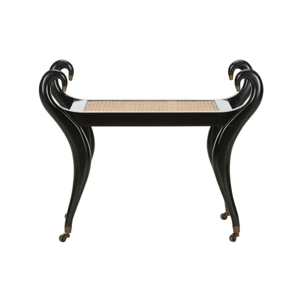 Chelsea House Swan Vanity Bench By Kristi Nelson — Black Frame, Natural Cane Seat, Brass Caps, Sculptural Elegant Seating 370322