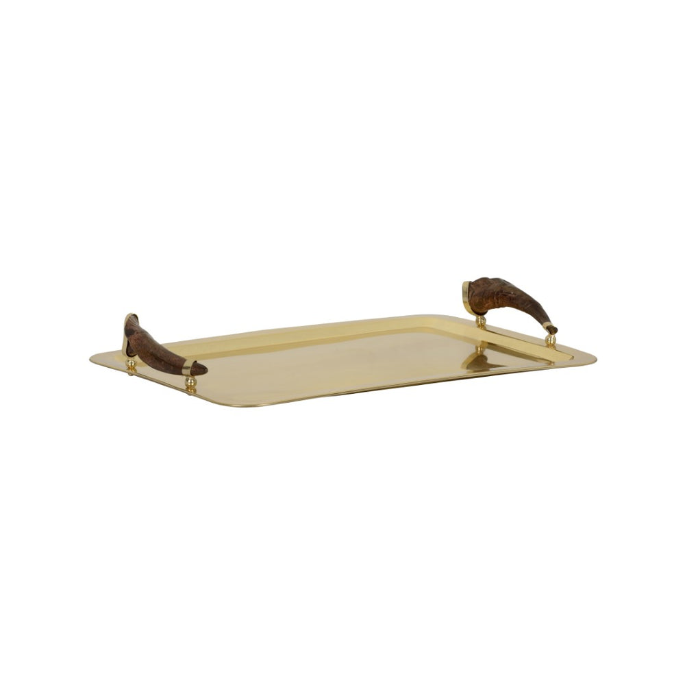 Chelsea House Milo Polished Brass Tray With Natural Horn Handles — 25.5" Entertaining Server For Bar Cart & Decor 370347