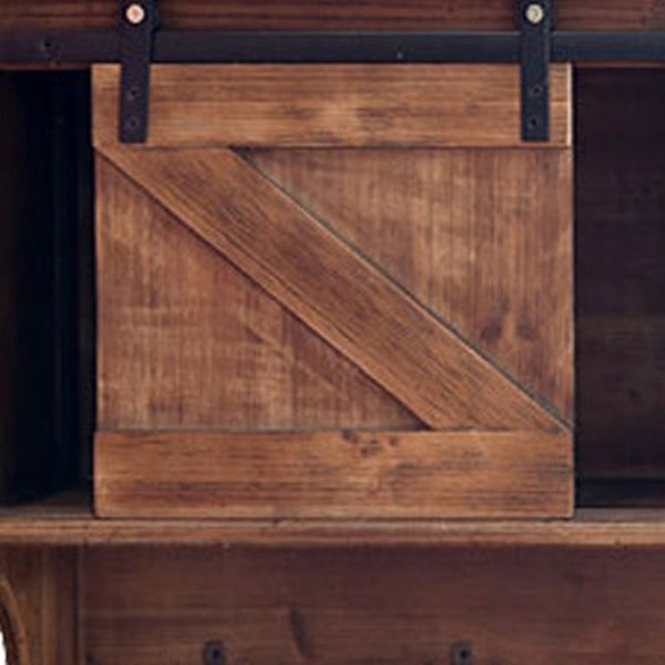HomeRoots 40" Rustic Brown Wood Wall Shelf with Sliding Barn Door & 5 Hooks for Stylish Storage Solutions 370380